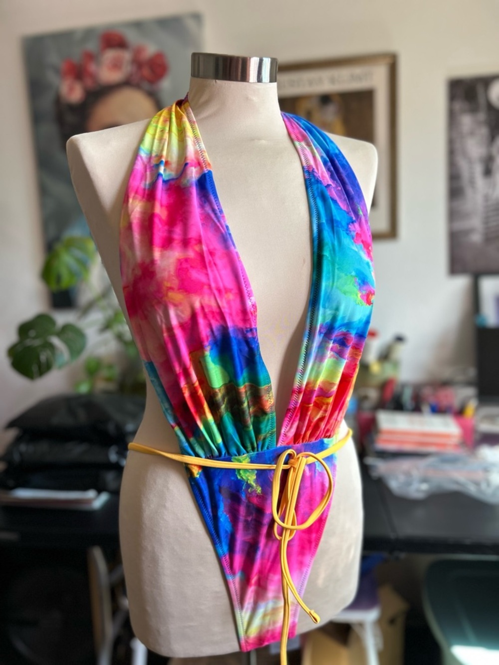 Yira tie-dye swimsuit one piece with back tie around colorful size Small - Picture 6 of 8